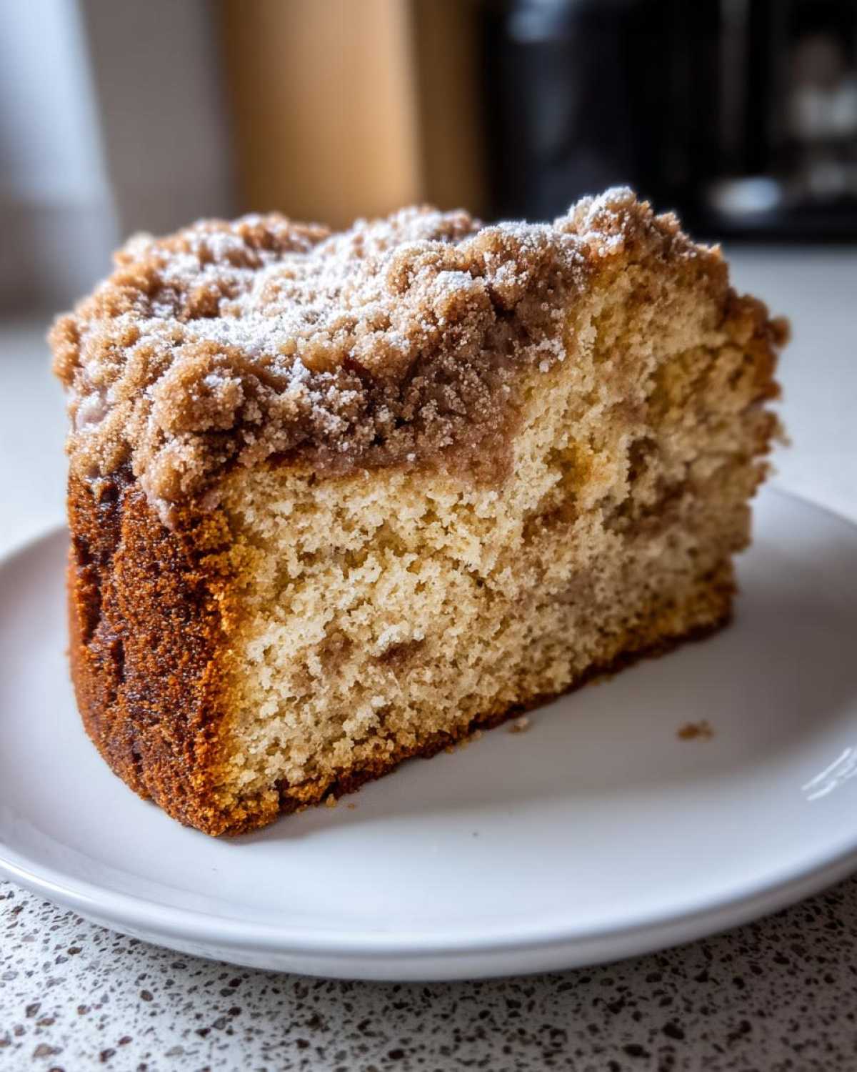 A close-up of a moist slice of coffee cake featuring a thick cinnamon streusel topping dusted with powdered sugar.