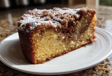 A close-up of a moist slice of coffee cake featuring a rich cinnamon swirl and crumbly streusel topping dusted with powdered sugar.