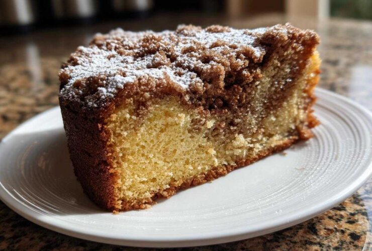 A close-up of a moist slice of coffee cake featuring a rich cinnamon swirl and crumbly streusel topping dusted with powdered sugar.