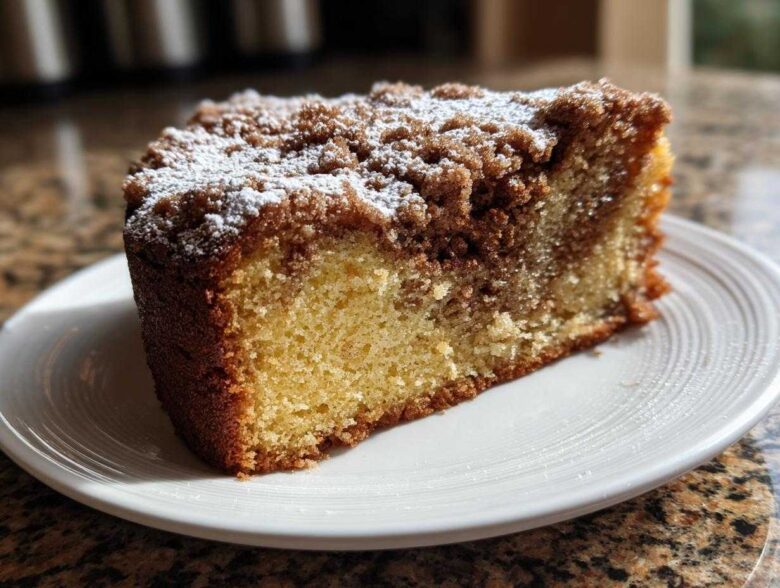 A close-up of a moist slice of coffee cake featuring a rich cinnamon swirl and crumbly streusel topping dusted with powdered sugar.