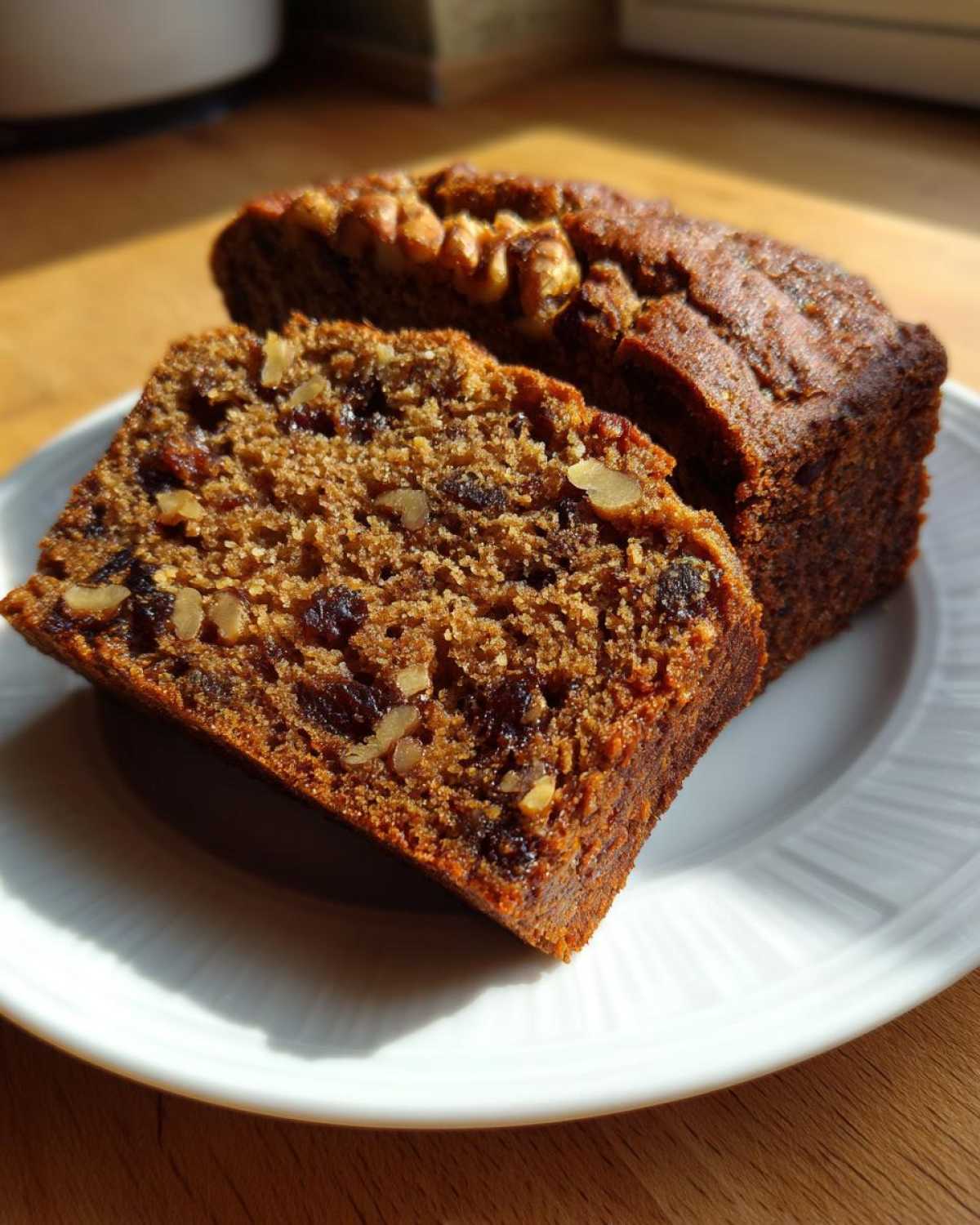 A close-up of a moist slice of date nut bread, showing raisins and walnuts, next to the rest of the loaf.