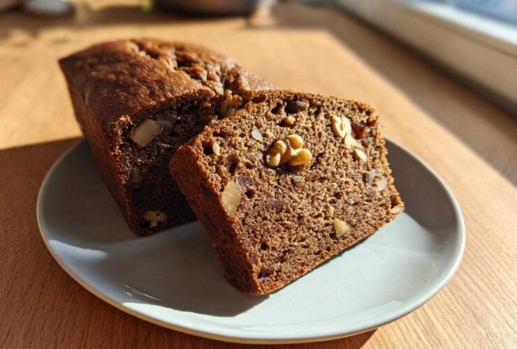 Close-up of a slice of moist date nut bread showing walnuts and dates embedded in the dark brown loaf.