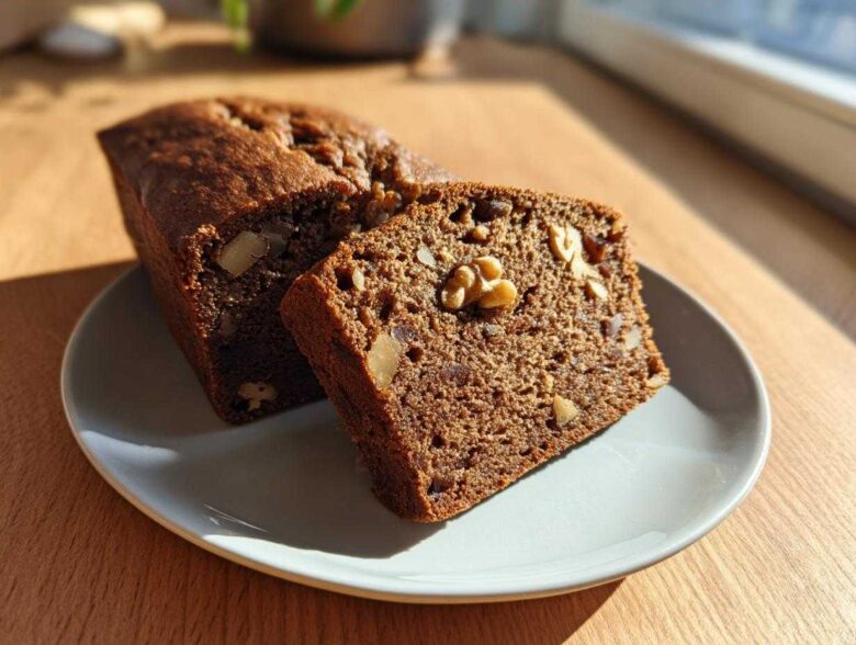 Close-up of a slice of moist date nut bread showing walnuts and dates embedded in the dark brown loaf.