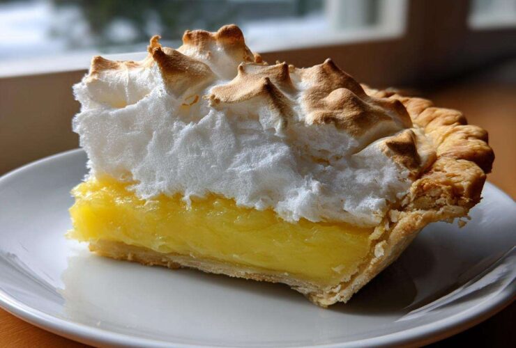 A thick slice of lemon meringue pie showing bright yellow filling and tall, torched meringue topping.