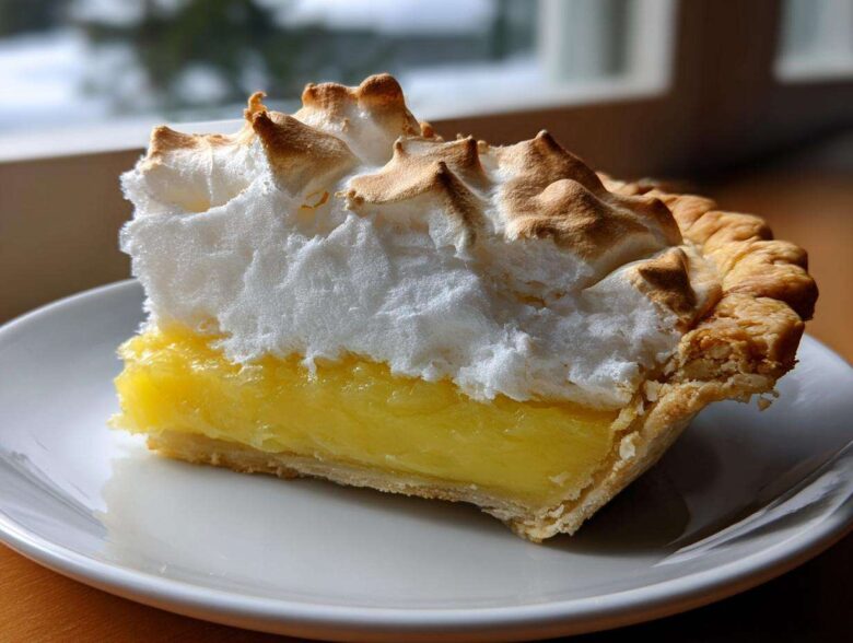 A thick slice of lemon meringue pie showing bright yellow filling and tall, torched meringue topping.