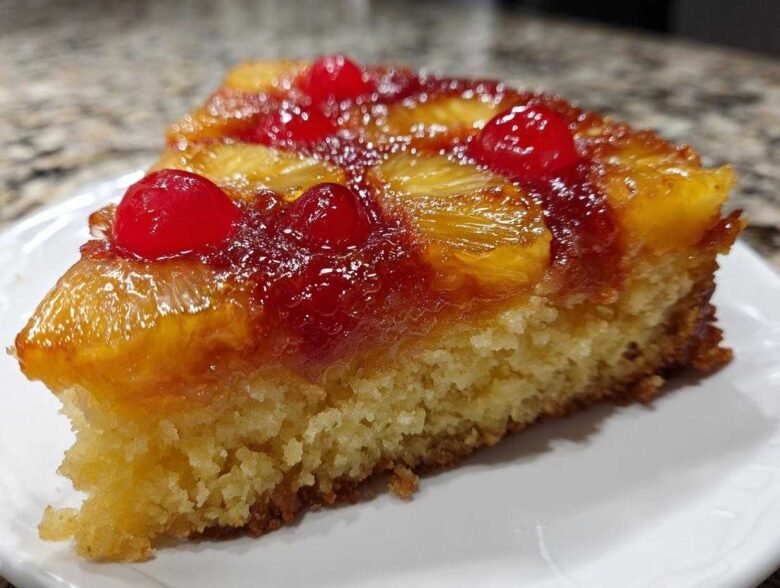 Close-up of a moist slice of pineapple upside down cake topped with caramelized pineapple and maraschino cherries.