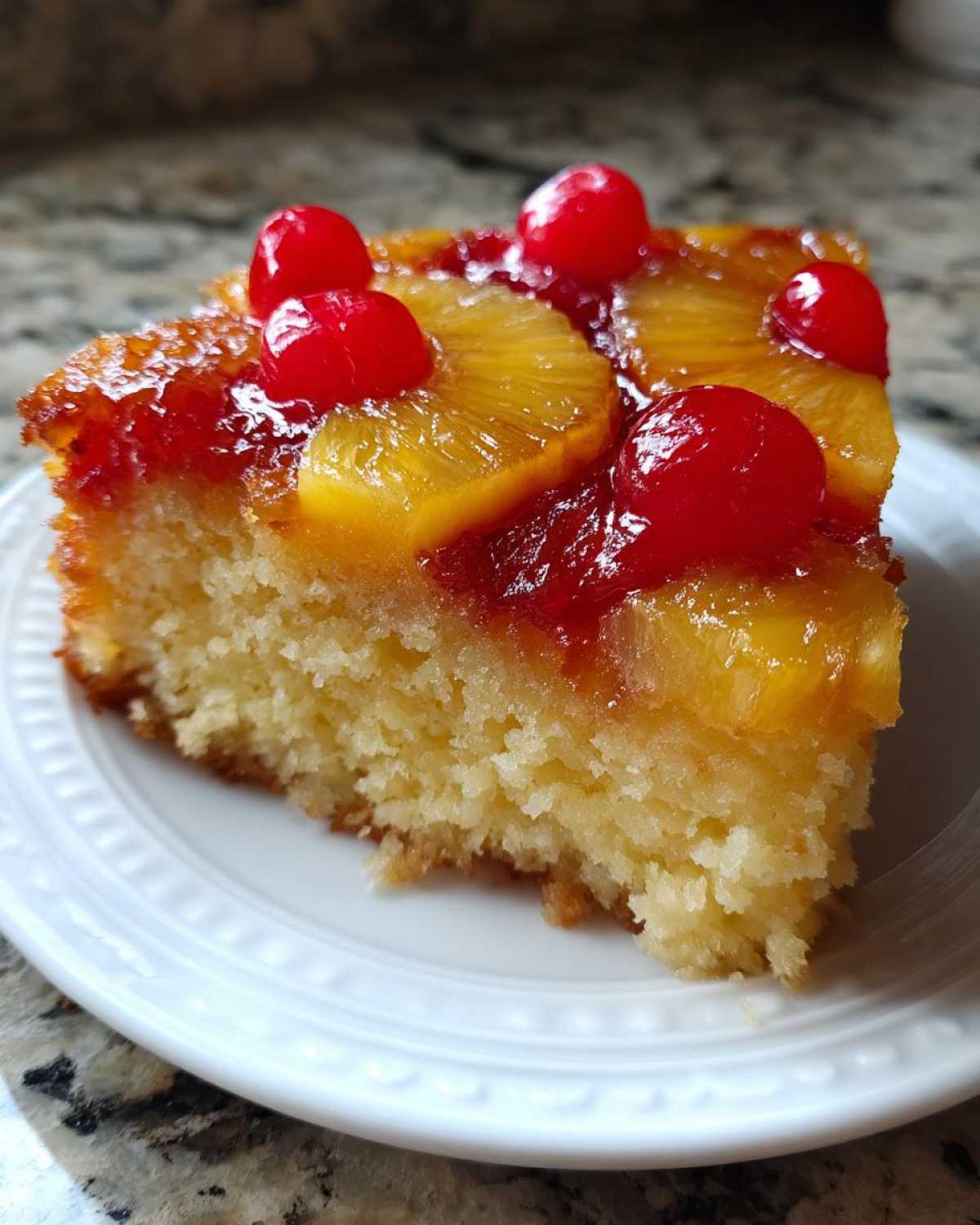 Close-up of a moist slice of pineapple upside down cake topped with caramelized pineapple rings and maraschino cherries.