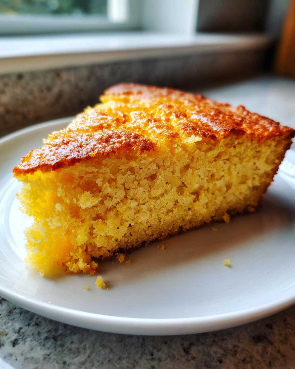 A close-up of a golden, moist slice of skillet cornbread resting on a white plate near a window.