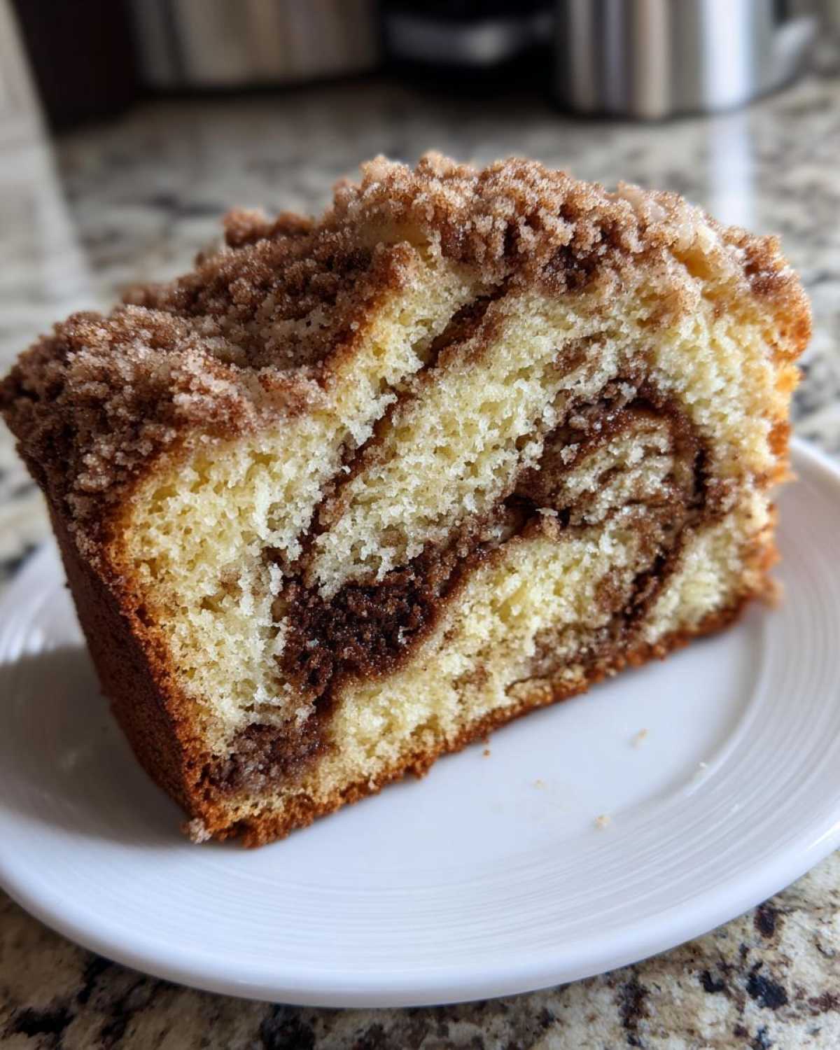 Close-up of a moist slice of sour cream coffee cake featuring a rich cinnamon swirl and crumb topping.