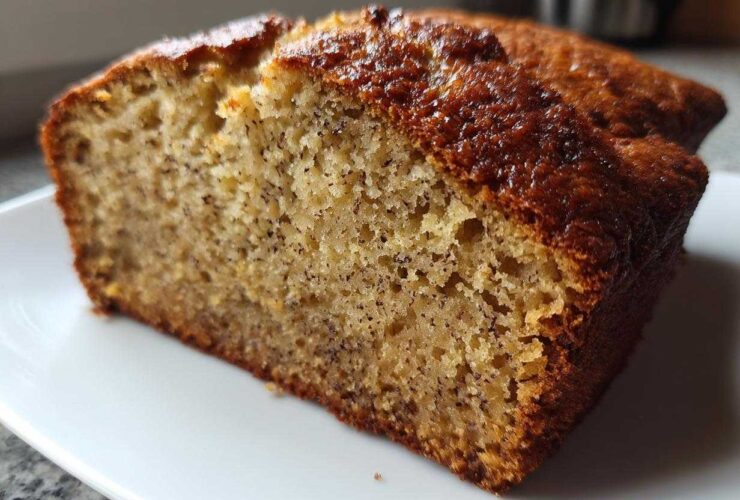 Close-up of a thick slice of moist sugar free banana bread showing its dense, speckled crumb and golden-brown crust.