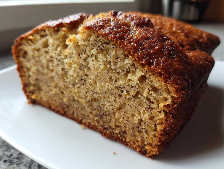 Close-up of a thick slice of moist sugar free banana bread showing its dense, speckled crumb and golden-brown crust.
