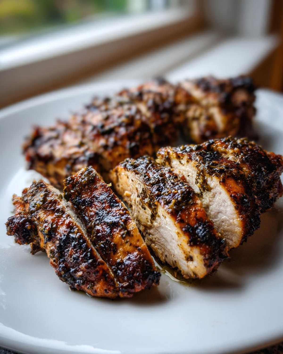 Close-up of sliced, herb-crusted greek chicken breasts resting on a white plate.