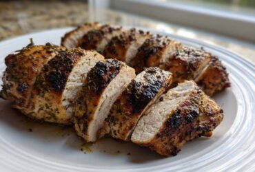 Close-up of sliced, herb-crusted greek chicken breast showing juicy white meat and a browned exterior.