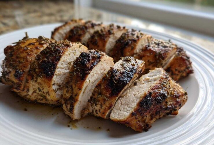 Close-up of sliced, herb-crusted greek chicken breast showing juicy white meat and a browned exterior.