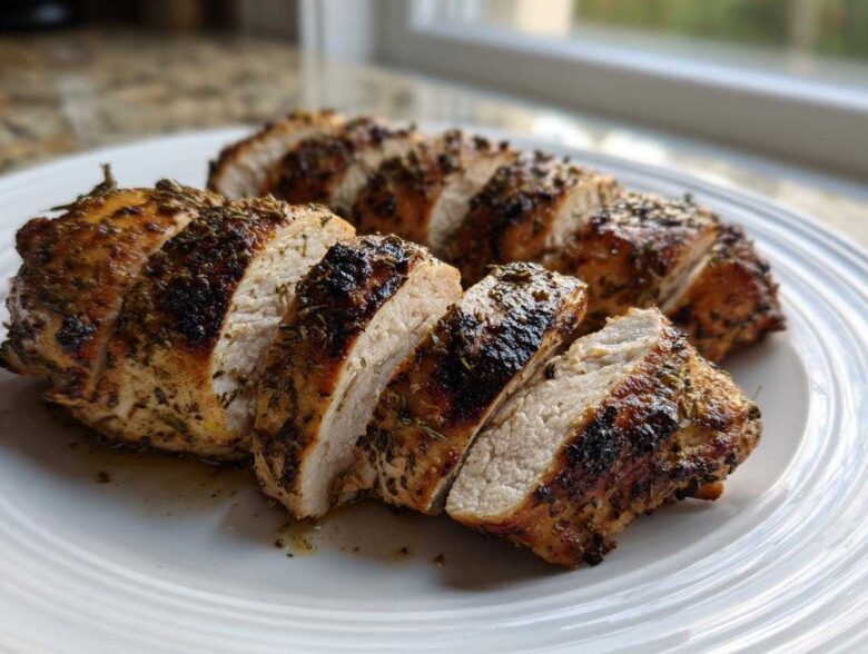 Close-up of sliced, herb-crusted greek chicken breast showing juicy white meat and a browned exterior.