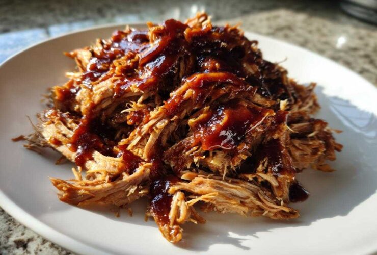 A mound of shredded, tender Slow Cooker Pulled Pork drizzled generously with dark BBQ sauce on a white plate.