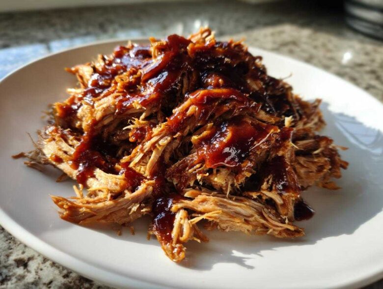 A mound of shredded, tender Slow Cooker Pulled Pork drizzled generously with dark BBQ sauce on a white plate.