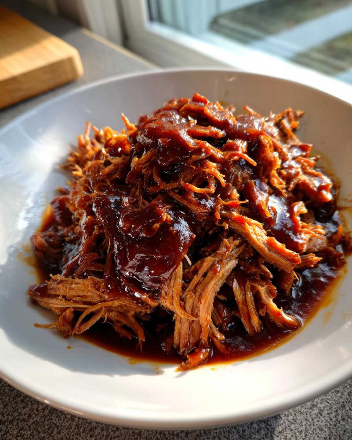 A close-up of tender, shredded Slow Cooker Pulled Pork generously coated in rich barbecue sauce in a white bowl.