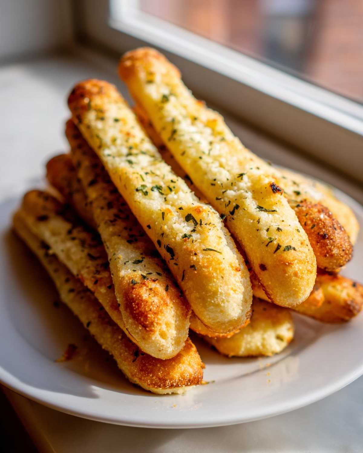 A stack of golden, soft garlic breadsticks seasoned with herbs and cheese, resting on a white plate.
