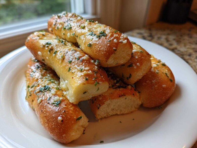 A stack of soft, golden brown garlic breadsticks topped with melted butter, minced garlic, and parsley.