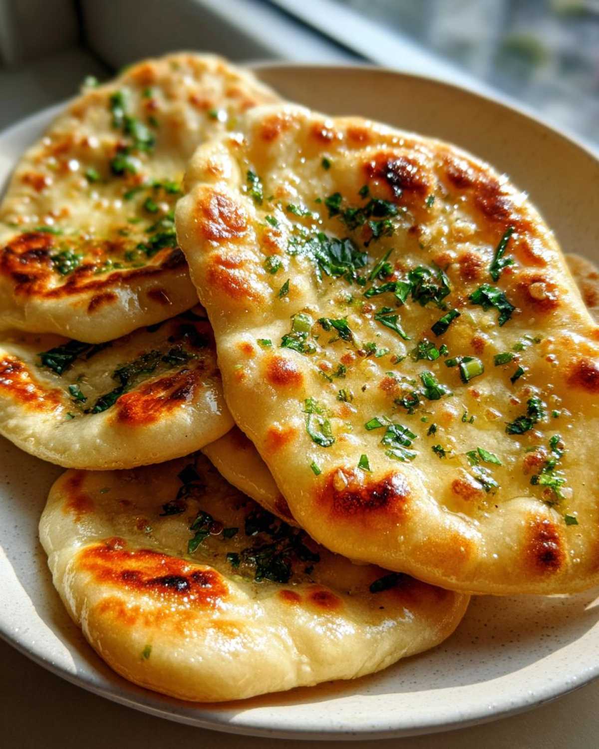 Close-up of several pieces of soft naan bread brushed with butter and topped with chopped green herbs.