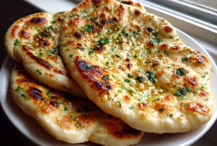 Close-up of three pieces of soft naan bread brushed with melted butter and sprinkled with fresh green herbs.