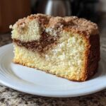 A moist slice of sour cream coffee cake featuring a cinnamon swirl center and crumbly topping on a white plate.