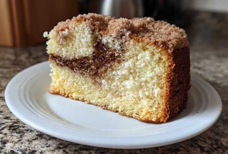 A moist slice of sour cream coffee cake featuring a cinnamon swirl center and crumbly topping on a white plate.