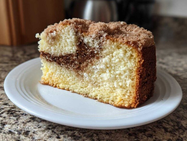 A moist slice of sour cream coffee cake featuring a cinnamon swirl center and crumbly topping on a white plate.