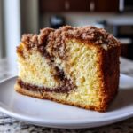 A delicious slice of sour cream coffee cake featuring a moist crumb, cinnamon swirl, and thick streusel topping.