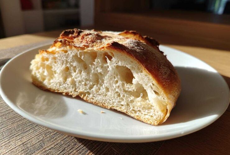 Cross-section of a crusty loaf made with sourdough discard pizza dough, showing an open, airy crumb structure.