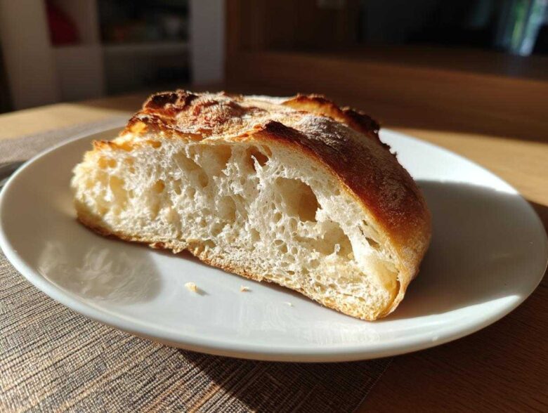 Cross-section of a crusty loaf made with sourdough discard pizza dough, showing an open, airy crumb structure.