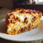 A thick, golden-brown slice of baked spaghetti pie layered with meat sauce and creamy cheese, served on a white plate.