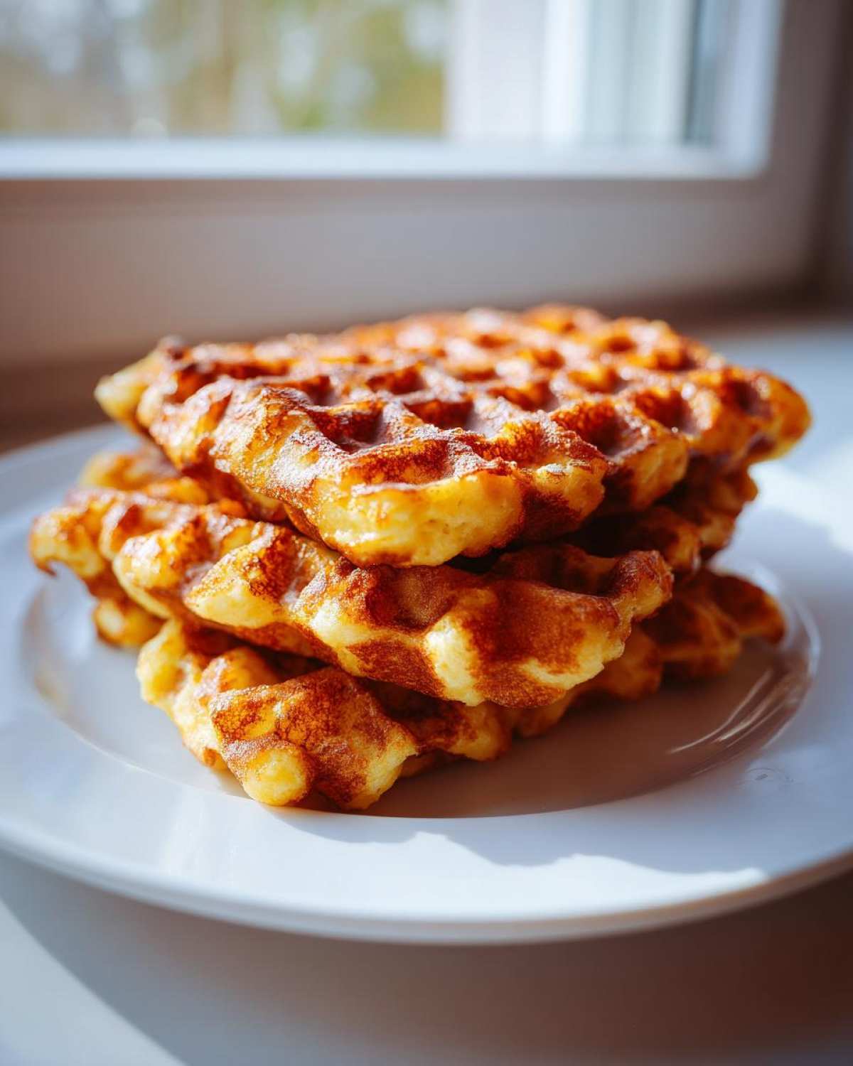 A stack of golden brown, freshly made high protein waffles resting on a white plate near a window.