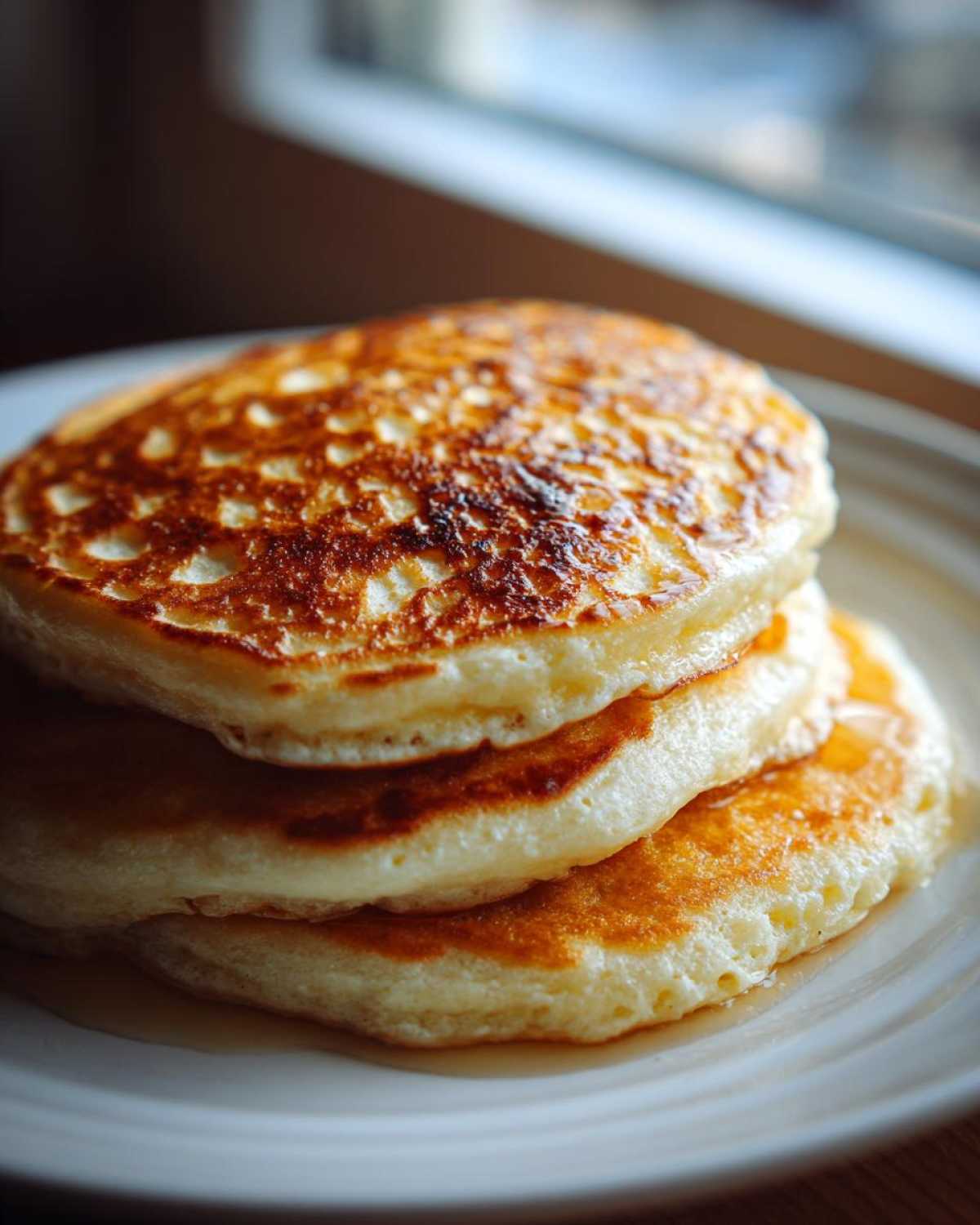 A close-up of three golden brown, fluffy pancakes stacked on a white plate with syrup pooling underneath.