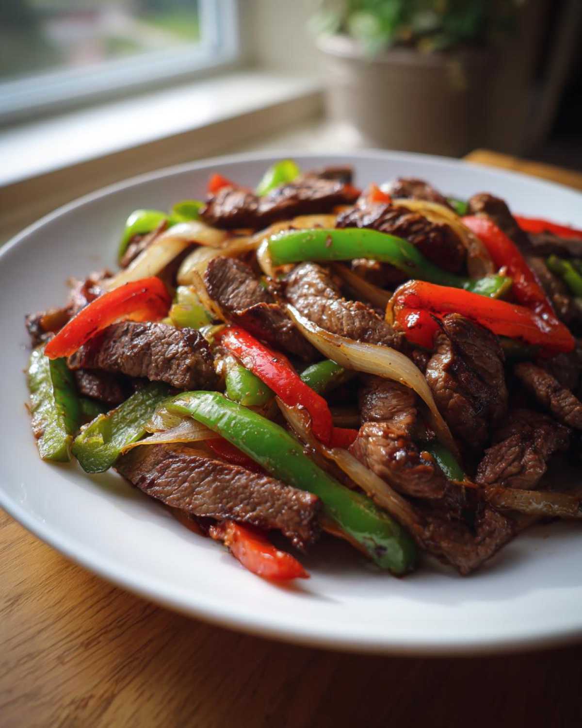 Close-up of perfectly cooked steak fajitas with sliced steak, green peppers, red peppers, and onions on a white plate.
