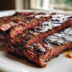 Close-up of medium-rare steak slices showing char marks and glaze from the carne asada marinade.