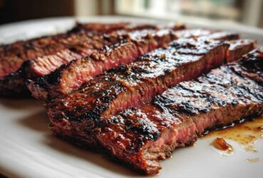 Close-up of medium-rare steak slices showing char marks and glaze from the carne asada marinade.