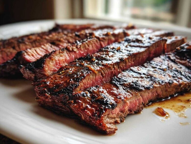 Close-up of medium-rare steak slices showing char marks and glaze from the carne asada marinade.