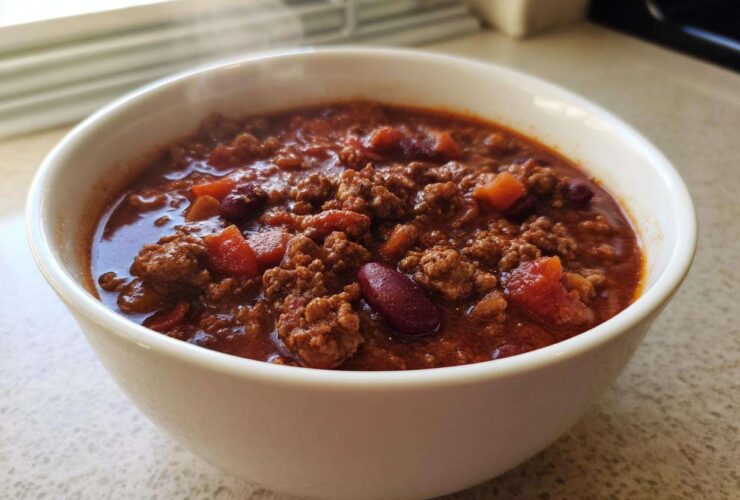 Close-up of a steaming white bowl filled with rich, hearty crockpot chili featuring ground beef and kidney beans.