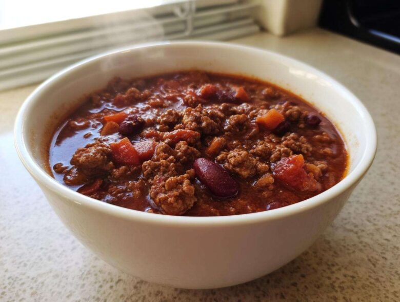 Close-up of a steaming white bowl filled with rich, hearty crockpot chili featuring ground beef and kidney beans.