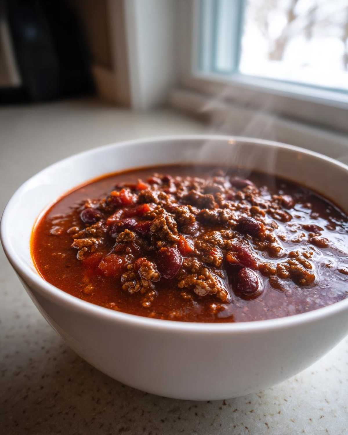Close-up of a steaming white bowl filled with rich, thick crockpot chili featuring ground beef and kidney beans.