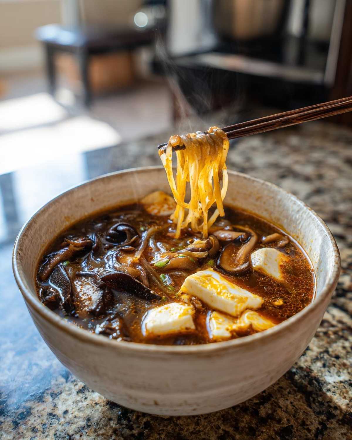 Chopsticks lifting steaming noodles from a bowl of rich, dark hot and sour soup recipe with tofu and mushrooms.