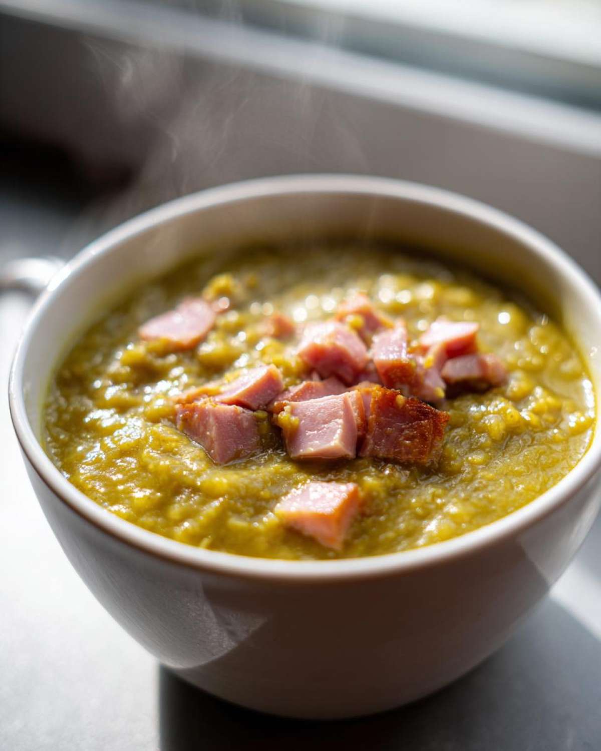 Close-up of a steaming white bowl filled with thick, green pea soup topped with diced smoked ham.