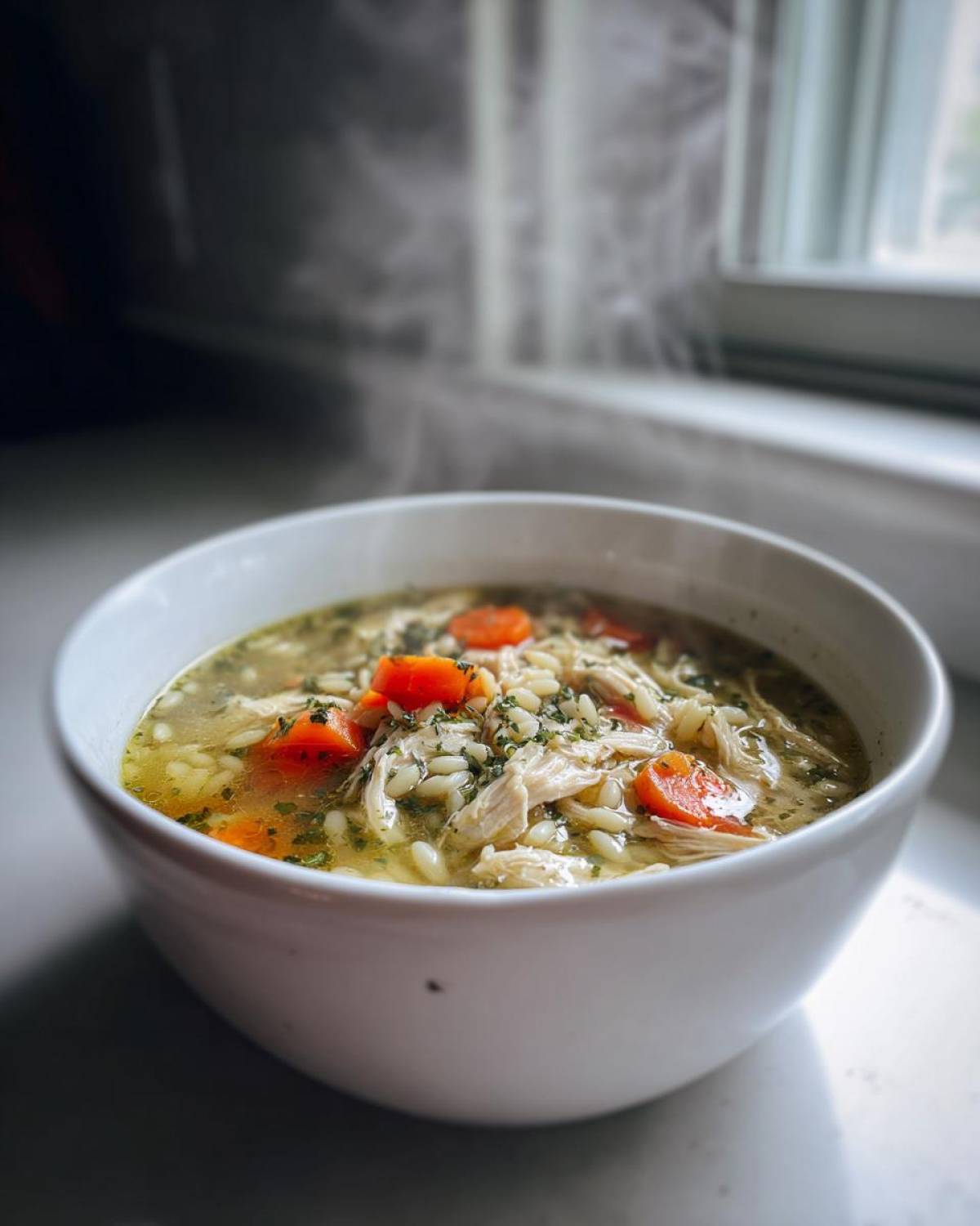 A steaming white bowl filled with homemade penicillin soup, featuring shredded chicken, orzo pasta, and bright orange carrots.