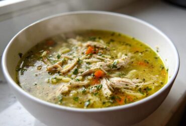 A close-up of a steaming white bowl filled with rich, yellow penicillin soup, featuring shredded chicken, carrots, and fresh parsley.