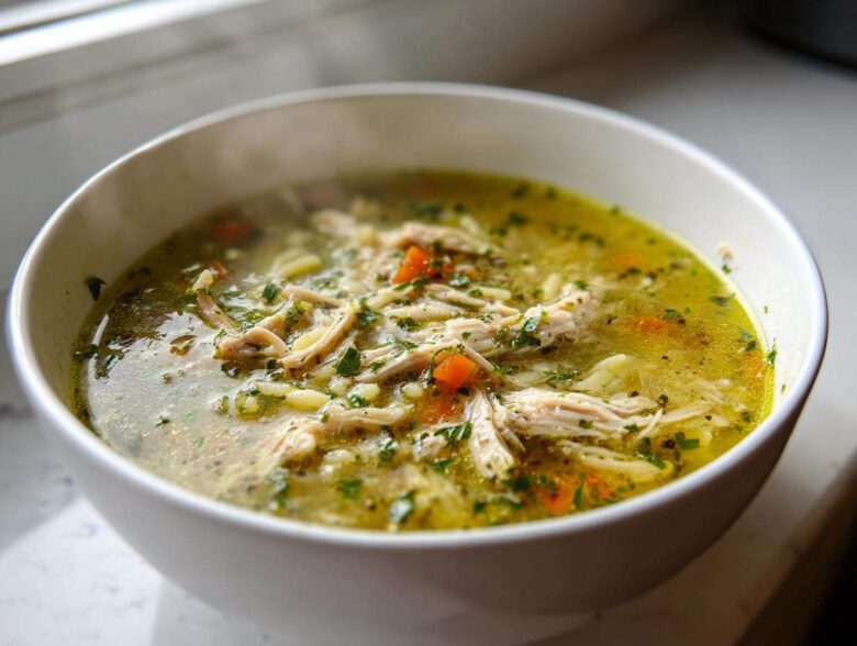 A close-up of a steaming white bowl filled with rich, yellow penicillin soup, featuring shredded chicken, carrots, and fresh parsley.