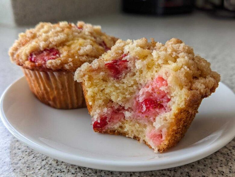 A close-up of a halved strawberry muffin showing the moist interior packed with strawberries and a sugary crumb topping.