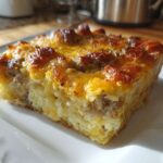 A close-up of a golden brown slice of tater tot breakfast casserole with melted cheese topping.