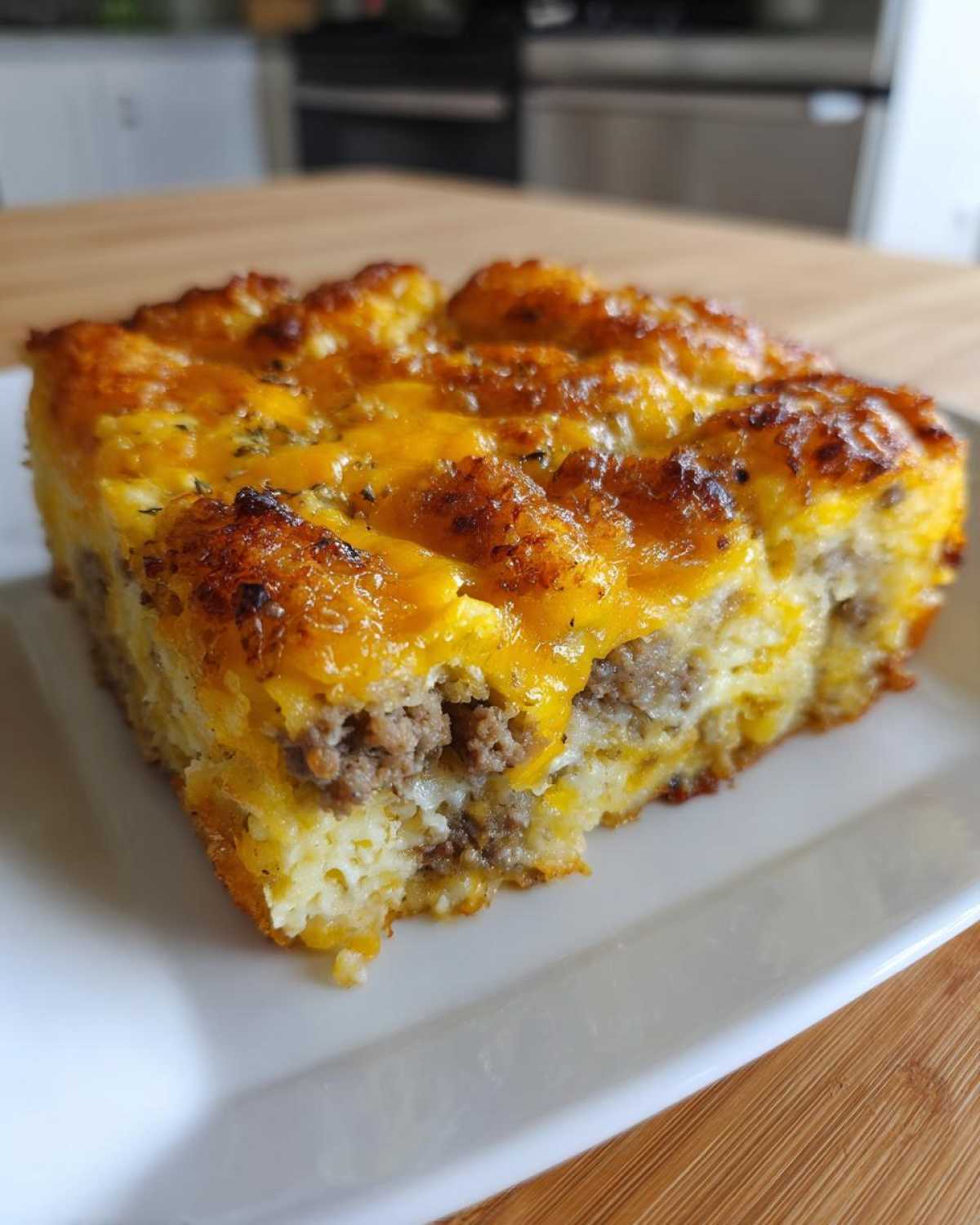 A square slice of tater tot breakfast casserole with sausage, eggs, and melted cheddar cheese on a white plate.